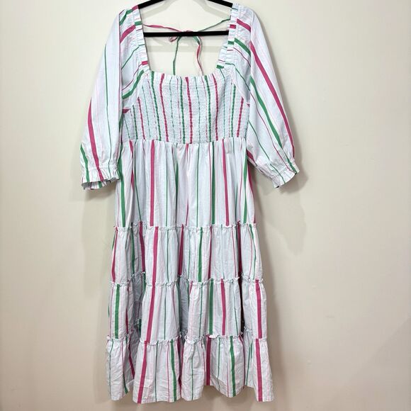 Crown & Ivy Striped Tiered Midi Dress 2X White Pink Smocked Cottage Peasant - Picture 2 of 11
